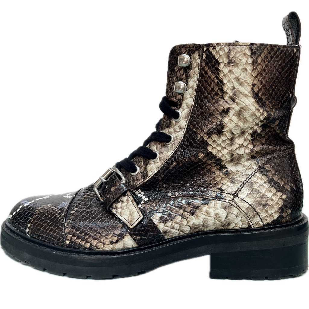 Allsaints Womens Brown Snake Print Lace Up Toe Cap Padded Buckle Accent Donita